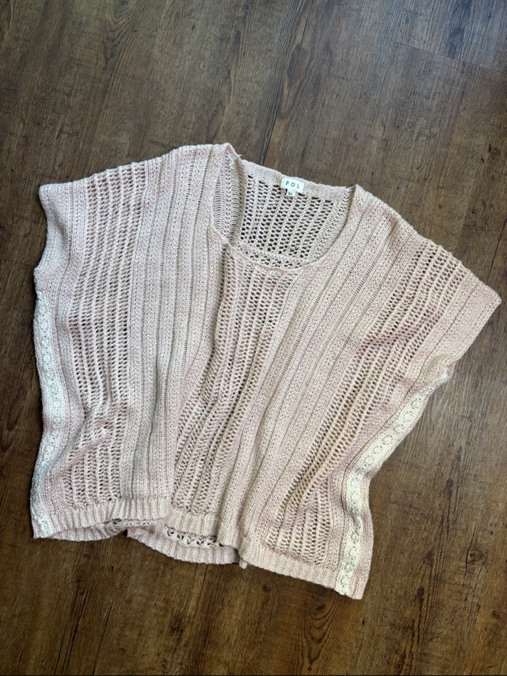 POL Open-Knit Lace-Trim Scoop Neck Sweater in Blush Pink size medium
